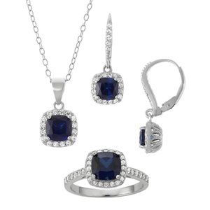 Sterling Silver Lab-Created Blue & White Sapphire Halo Jewelry Set
